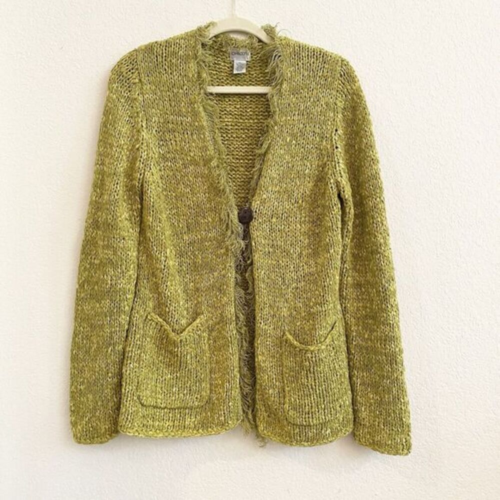 Chicos Womens Sweater 2 Large Green Open Front Chunky Knit One Button Cardigan